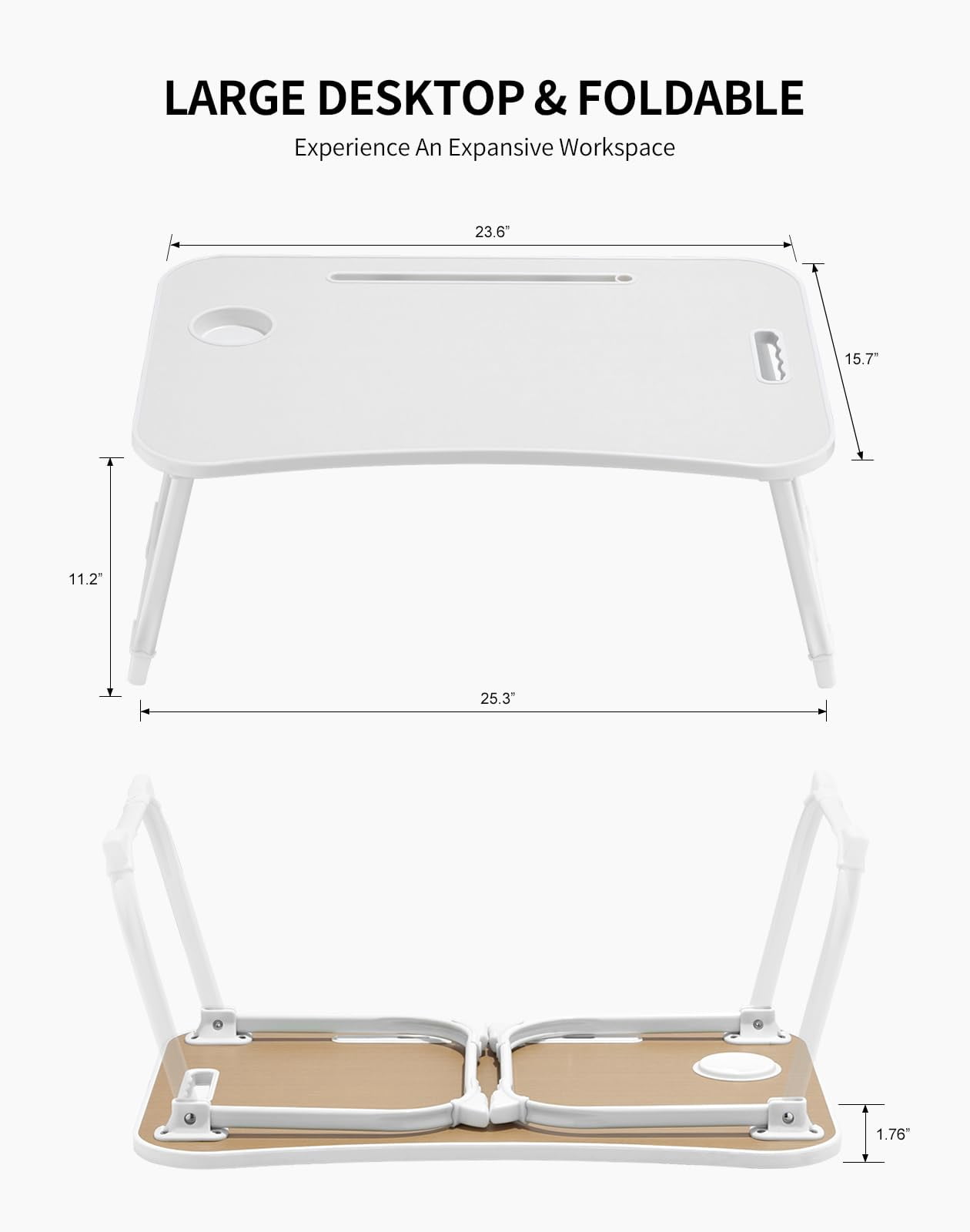 Laptop Bed Desk  Foldable Lap Portable Table Stand With Cup Holder & Tablet Slot Lifting Handle For Working Writing Drawing Eating - White