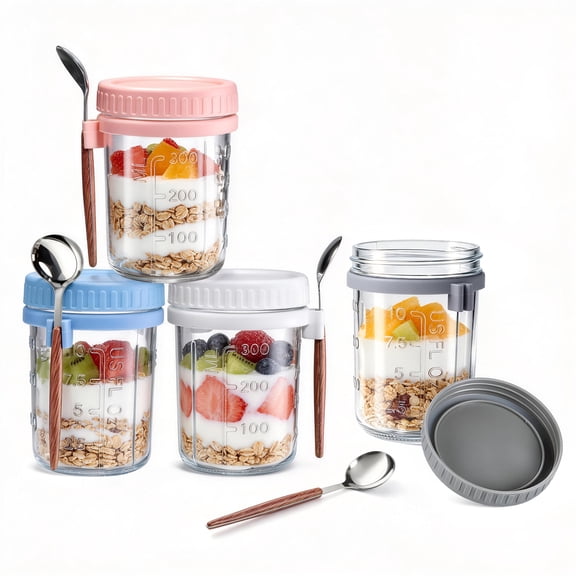 Vesteel 16oz Overnight Oats Containers, 4 Pack Meal Prep Containers with Lids and Spoons, Glass Mason Jars for Cereal Milk Fruit Salad Yogurt, Leak Proof, Dishwasher & Freezer Safe
