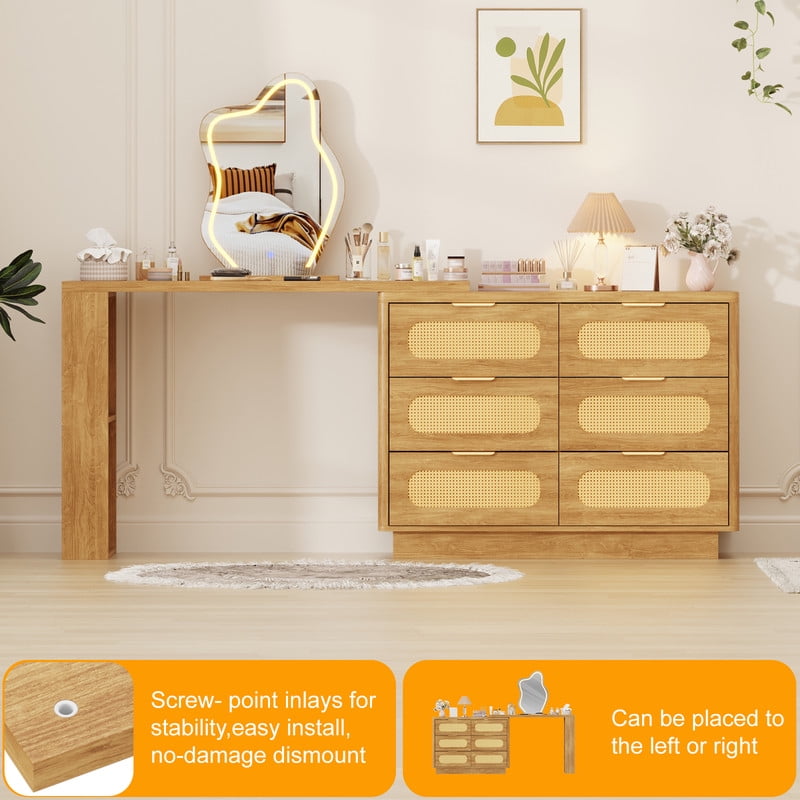 Makeup Vanity Desk with LED Lighted Mirror,Rattan Expandable L-Shaped Corner Table with 6 Drawers,2 Side Shelves,3 Color Modes & Adjustable Brightness Dressing Table for Bedroom Makeup,Home Office