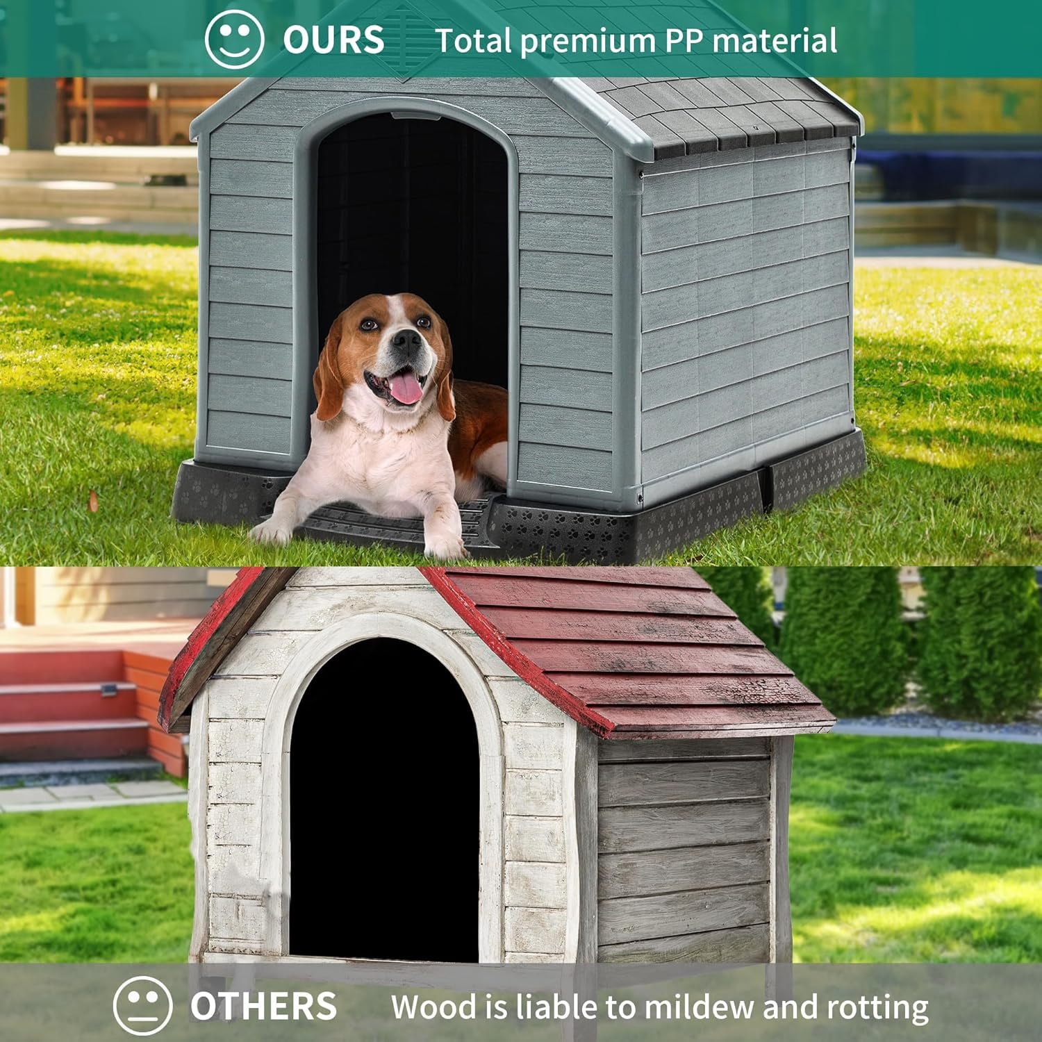 28.5'' Plastic Dog House Outdoor Indoor Doghouse Puppy Shelter Water Resistant Easy Assembly Sturdy Dog Kennel with Air Vents and Elevated Floor (28.5''L*26''W*28''H, Blue)