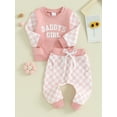 thumbnail image 3 of Suealasg Toddler Baby Girl Fall Tracksuit Outfits Clothes 6M 1T 2T 3T Kids Girl Long Sleeve Letter Sweatshirt + Checkerboard Pants Set 2PCS Casual Autumn Clothing for Children Girl, 3 of 9