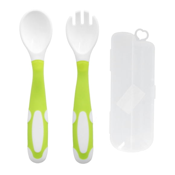 Juego de tenedor y cuchara para bebé, primer entrenamiento, juego de utensilios de autoalimentación para niños pequeños, cucharas y tenedores de fácil agarre, color verde