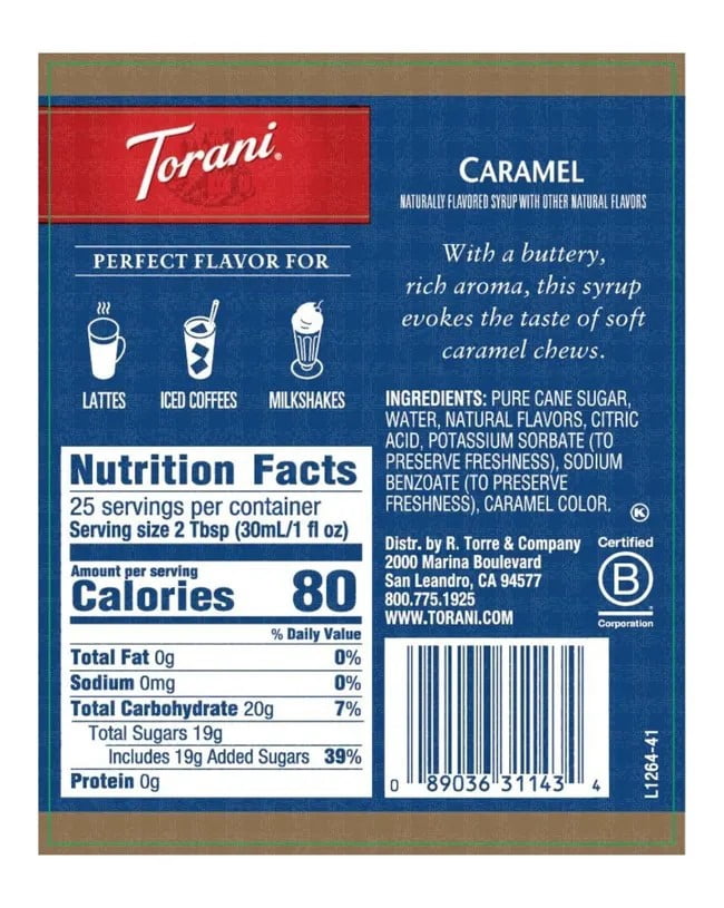 Torani Caramel Flavouring Syrup, 25.4 fl oz (750ml) Glass Bottle with Absol Gold Pump (Pack of 2)