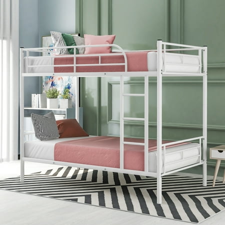 Twin Over Twin Bunk Bed  Metal Bed Frame with Ladder and Guardrail  2-in-1 Bunk Beds for Kids Adults Bedroom Dorm  Convertible into 2 Platform Beds  Space Saving  White