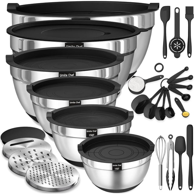 Juego de cuencos para mezclar con tapas herméticas, 26 cuencos de acero inoxidable color caqui con accesorios para ralladores, fondos antideslizantes y juego de utensilios de cocina, tamaño 7, 4,