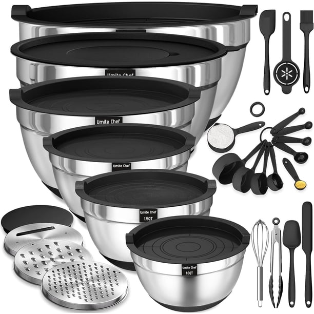Juego de tazones para mezclar de acero inoxidable, 18 piezas/juego que incluye tazones para mezclar, tapas de sellado, accesorio rallador y otros accesorios, juego de utensilios de cocina