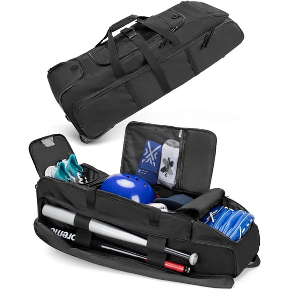 Rolling Baseball Bag with Wheels, Softball Catchers Bag for 4 Bats, Wheeled Baseball Equipment Bag with Separate Shoe Space and Multiple Pockets for  Softball Baseball Gear