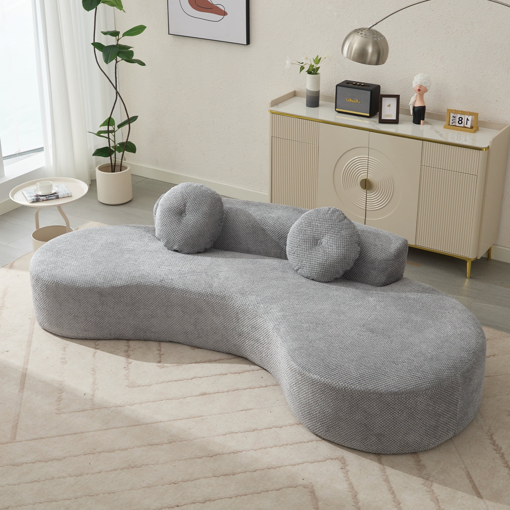 Aukfa 106" Curved Chaise Sofa Deep Seat Sofa for Living Room, 2 Pillows, Corduroy, Gray