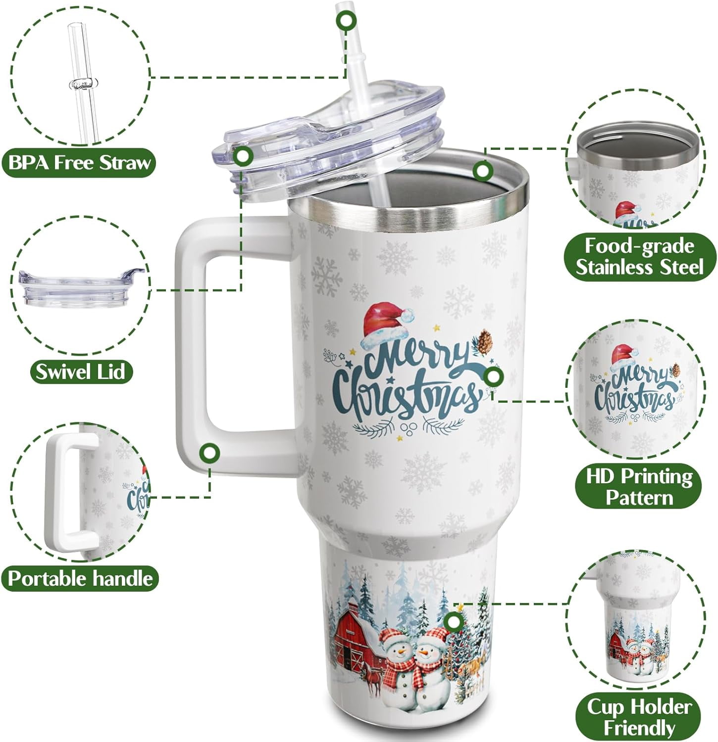 Christmas Tumbler 40 oz Xmas Tumblers with Handle and Straw Farmhouse White Snowman Stainless Steel Insulated Coffee Cups Mugs Holiday Gifts Stuff Decor for Women Girls