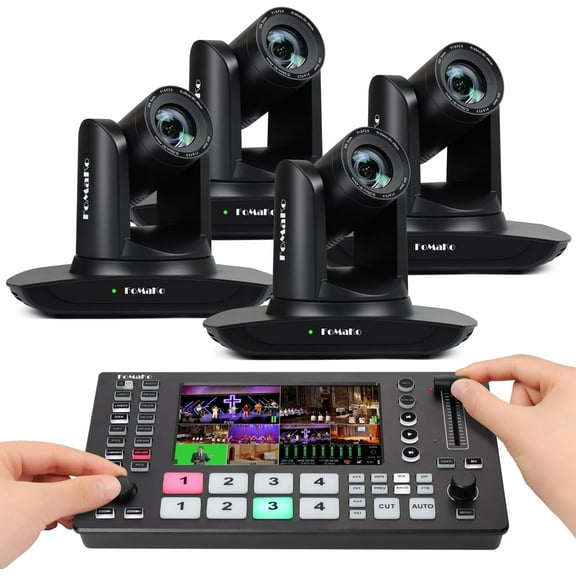 FoMaKo 20x Optical Zoom AI Auto Tracking HDMI PTZ Camera(4pcs), M3 Video Mixer Switcher,for Church Services Worship Education,PTZ Bundle(FMK12UH Pro(20x)-B X4 M3)