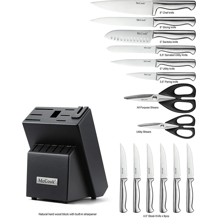 Knife Set, 15 Pieces Kitchen Knife Set with Built in Knife Sharpener Block,  Dishwasher Safe, German Stainless Steel Knife Block Set, Elegant Black