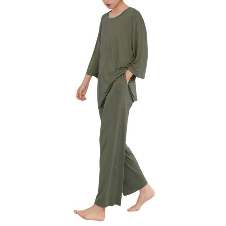 Homgro Women's 2 Piece Pajama Set Long Sleeve Tops and Pants Cozy Pajamas  Fall Soft Spring Ankle Length Pjs Green X-Large