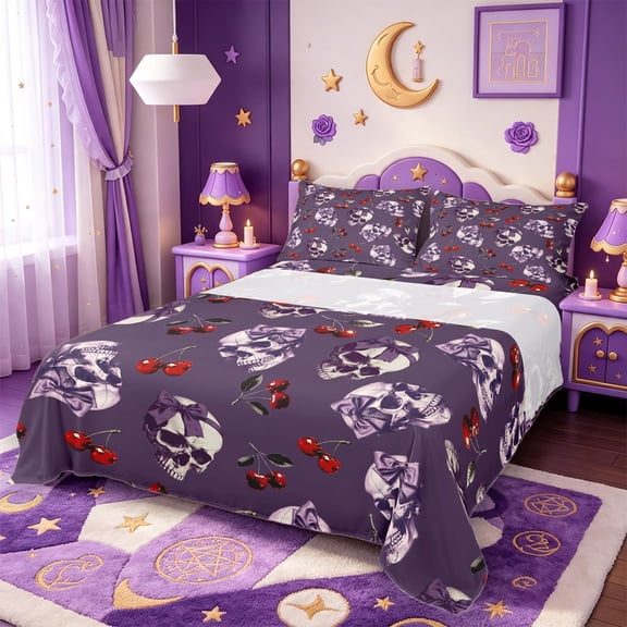 Manfei Red Cherry Purple Bow Bed Sheets,Gothic Halloween Theme Full Size Sheets,4 Pieces,1 Flat Sheet,1 Fitted Sheet and 2 Pillowcases