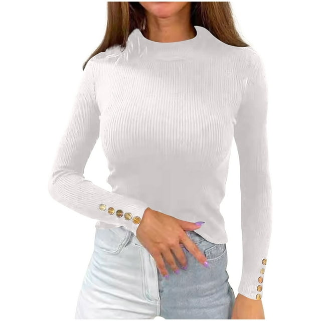 Cameland Pull Tricoté à Manches Longues pour Femmes, Couleur Unie, Col Haut