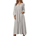 thumbnail image 2 of Women'S Boho Cotton Maxi Dress V-Neck Long Sleeve Flowy Beach Dress with Pockets and Buttons Light Grey XL, 2 of 9