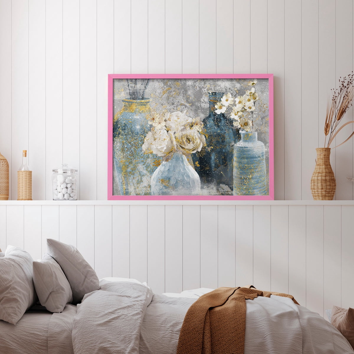 Vessels and Blooms Blues by Nan - Restickable Framed Giclée Print