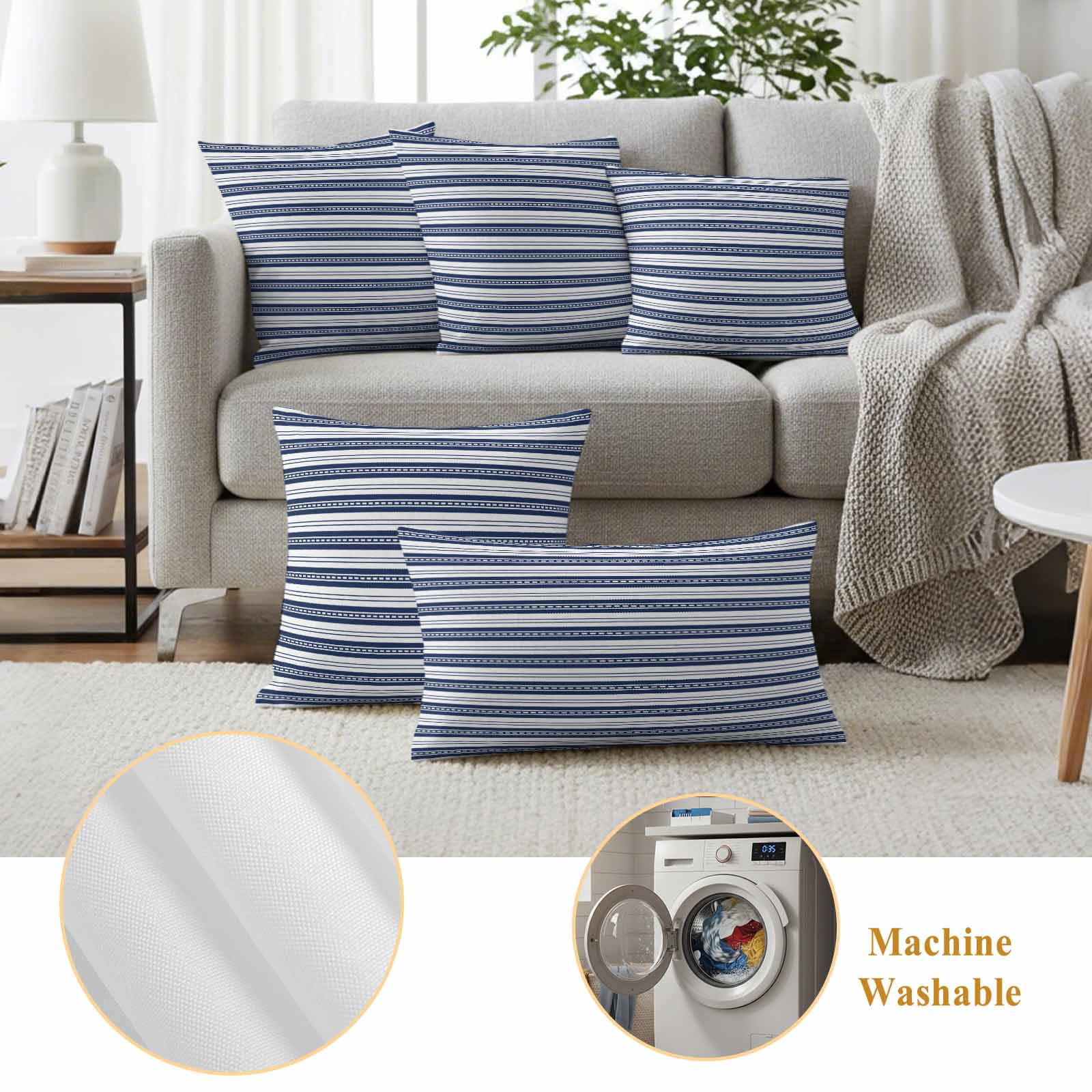 Navy Blue Striped Outdoor Waterproof Pillow Covers, Farmhouse Striped Geometric Art Decorative Square Throw Pillowcase Sofa Cushion Sham for Patio/Couch/Chair, 16"x16" 2 Pack