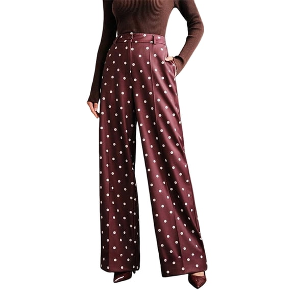 JUUNthy Womens Polka Dot Dress Pants, High Rise Flat Front Wide Leg Formal Office Daily Palazzo Trousers with Pockets Burgundy XL