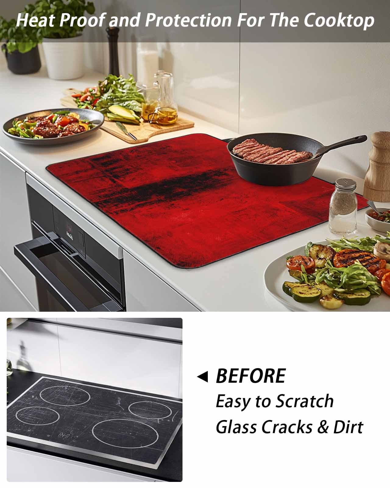 Stove Top Covers for Electric Stove, Red Glass Stovetop Cover Protector, Retro Oil Painting Modern Abstract Art Aesthetics Induction Cooktop Protector Oven Mat for Kitchen Countertop 24"x21"