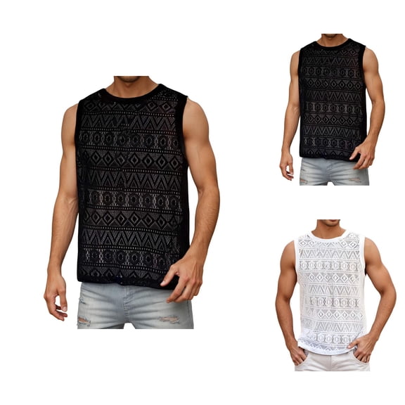 Tank Tops Men Summer Casual Loose Fit Lace Hollow out See through Crewneck Sleeveless Shirt Beach Tanks