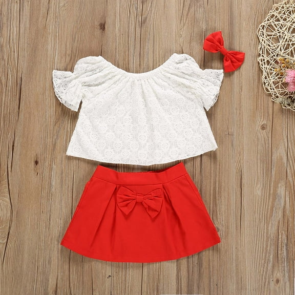 AURIGATE Clearance! Children Girls Puff Sleeve Lace Tops Skirt Bowknot Hairpin 3pcs Kids Clothe Suit