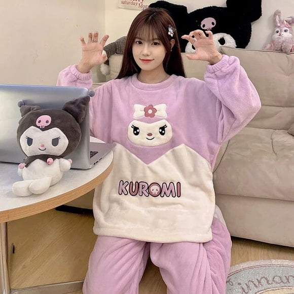Vêtements de Maison Cartoon Sanrios Kuromi Hiver Loisirs Confort Épaississant Pyjama en Peluche Giris Doux Velours Corail