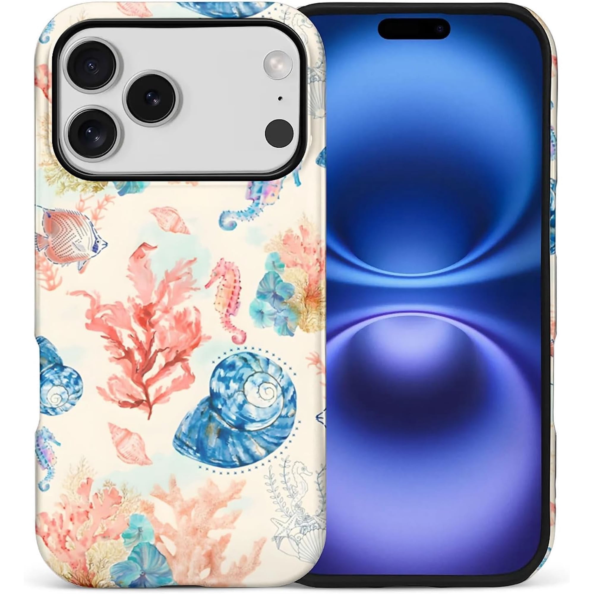 for iPhone 17 Pro Case Hybrid 2-Layer Hard Shell + Silicone Protective Case -Resistant Shockproof- Summer Ocean Coral Fish Seahorse Conch Collage