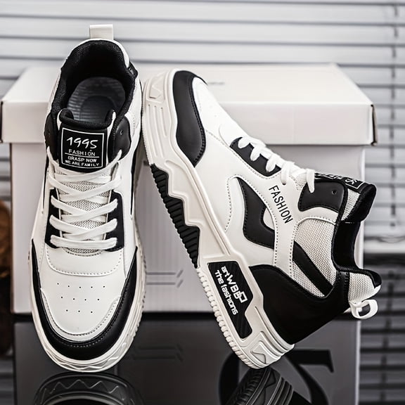 Men'S High-Top Work Sneakers - Thick-Soled Cushioned Comfort, Upper & Arch Support, Round Toe Design, Lace-Up Ankle Support, White/Navy Blue/Black Colorway - Casual & Formal Shoes for Office, Semi-Fo