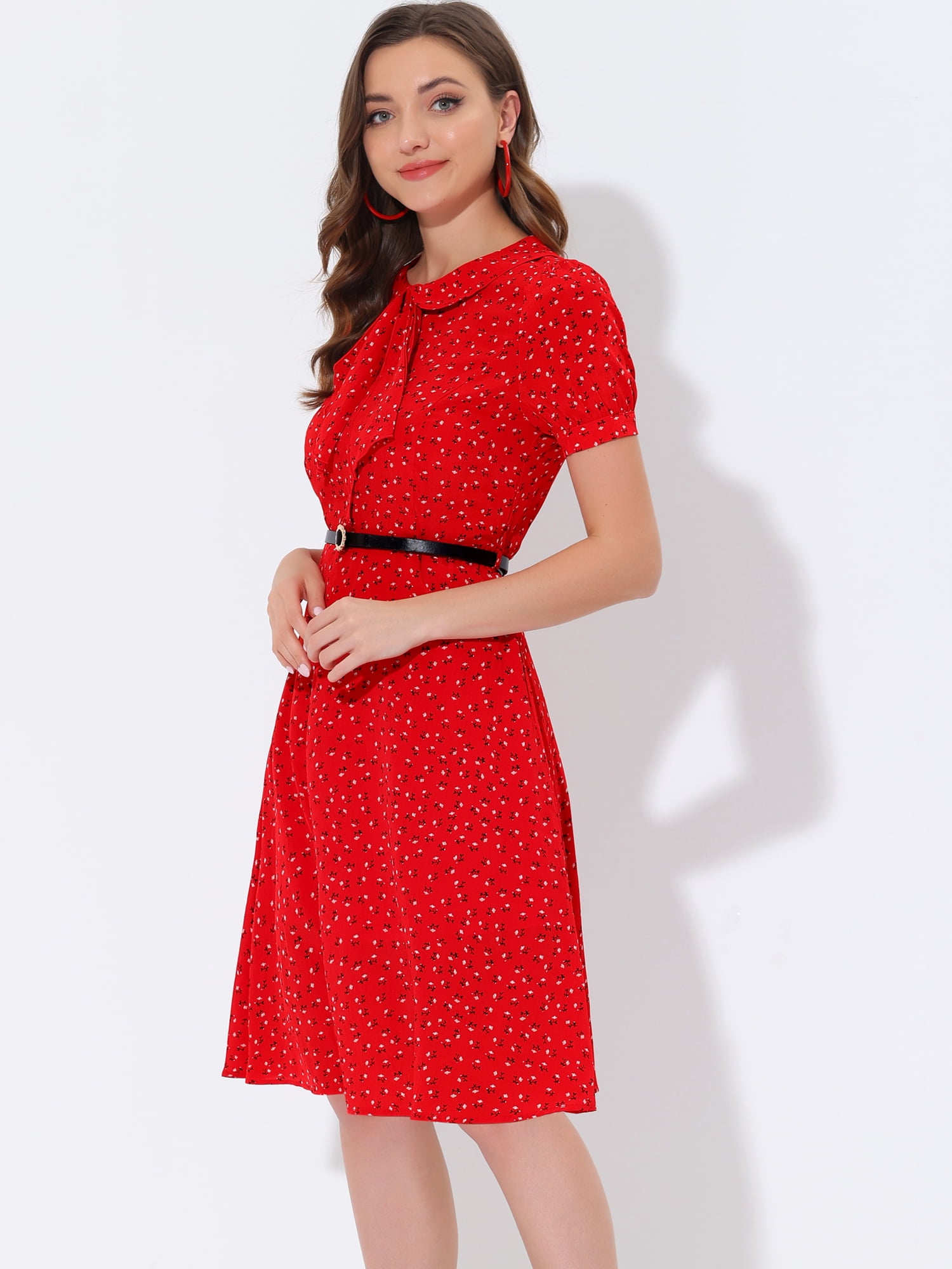 DARING DIVA Peter Pan Collar Tie Neck Elegant Floral Dress with Belt S Red