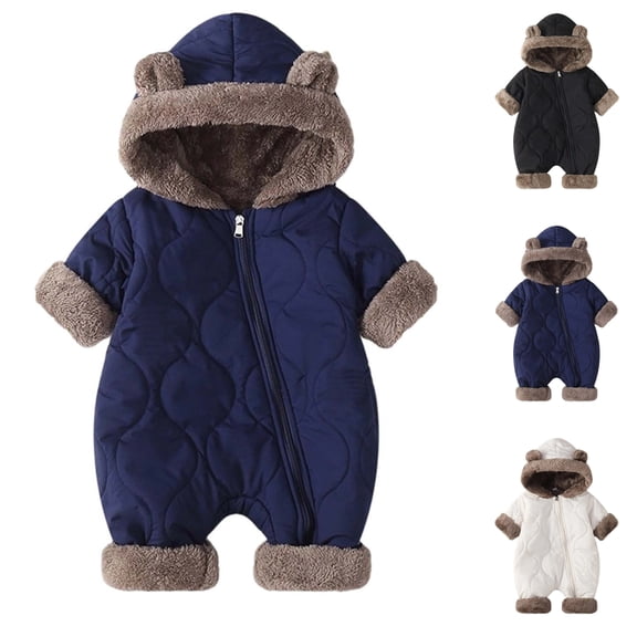 Sentuca Baby Bodysuits Winter Hooded Puffer Romper Ears Snowsuit Cute Solid Color Warm Fleece Zipper Boys Girls Hoodie Rompers Navy 6-12M