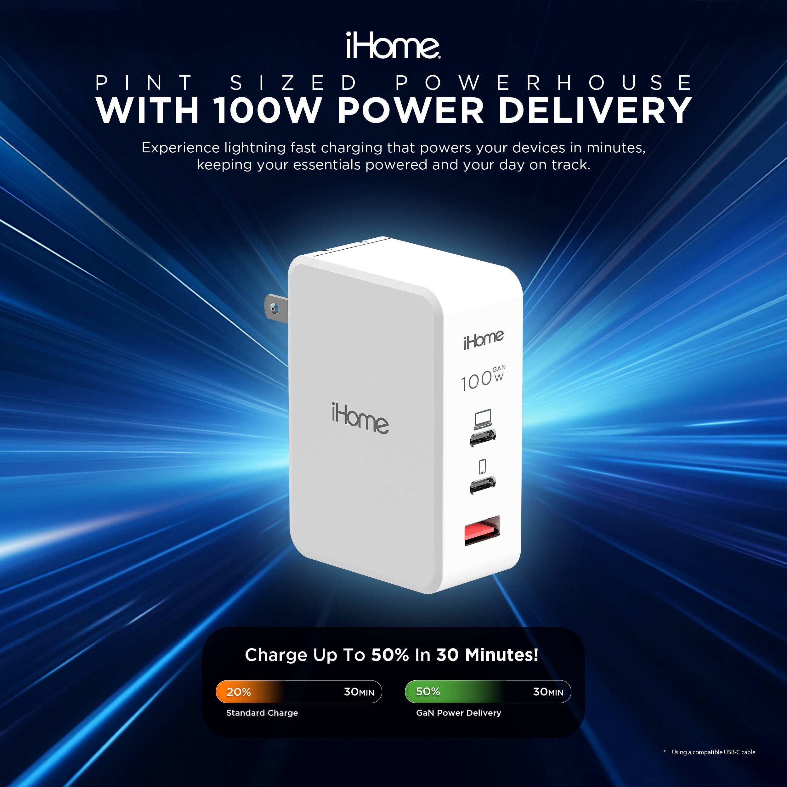 iHome 100W GaN Wall Charger with USB-C Cable, Fast Charging, Powers Up to 3 Devices, White