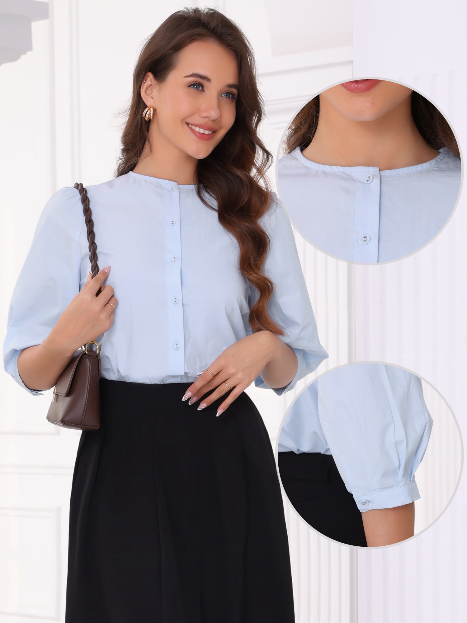 DARING DIVA Women's Puff Sleeve Crew Neck Casual Blouse Top S Blue