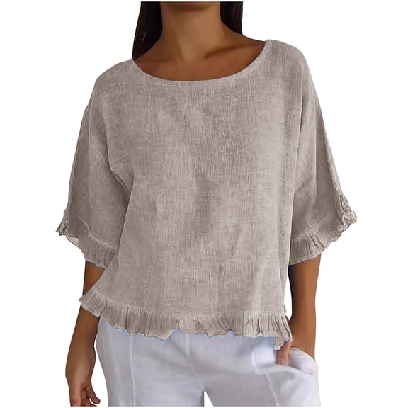 Ruimatai Women's Cotton Linen Shirt Casual Ruffle Pleated Hem Half Sleeve Round Neck Blouse Comfortable Breathable Summer Top