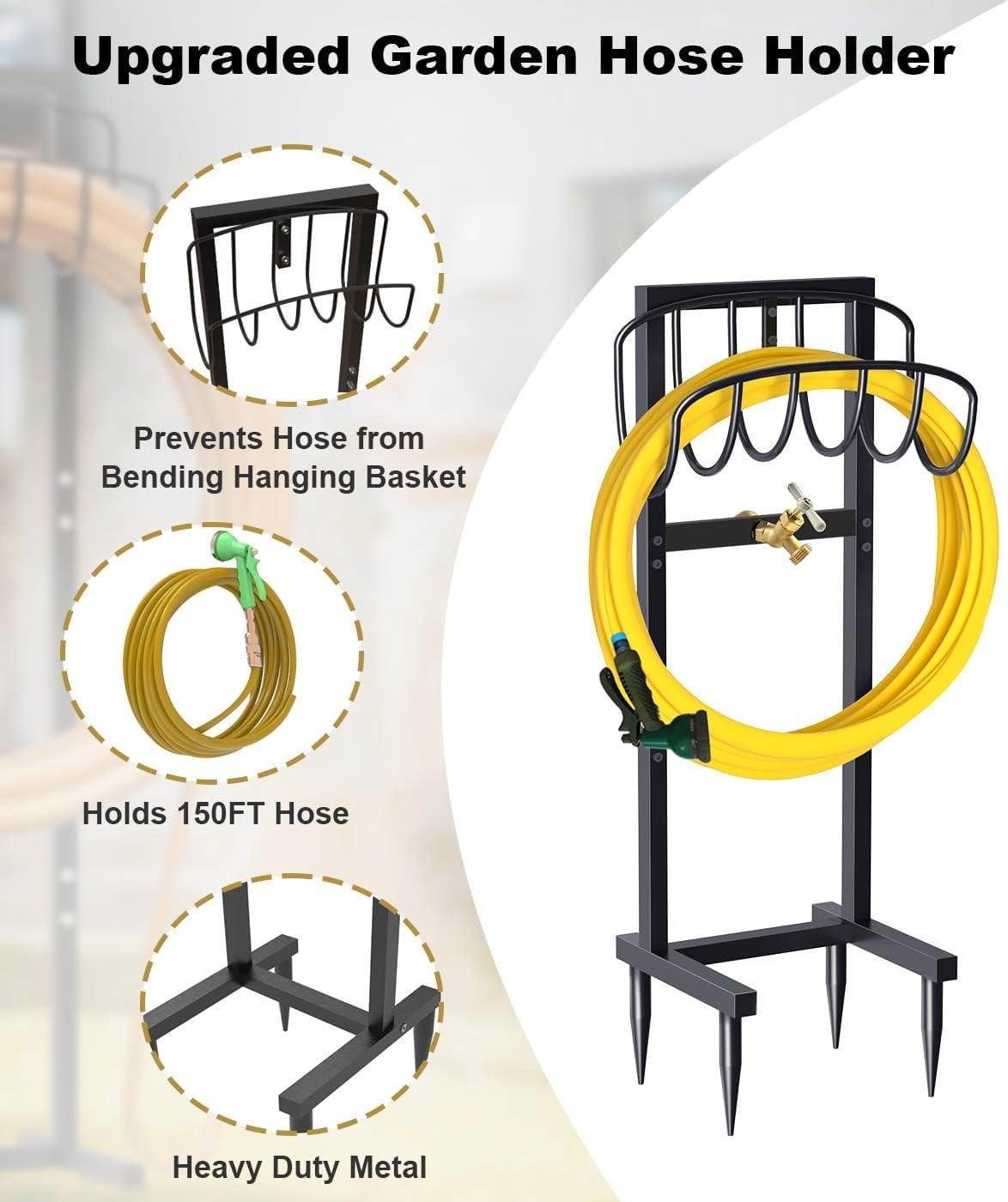 Outdoor Garden Hose Holder Freestanding with Brass Faucet And 4 Spikes, Heavy Duty Metal Water Hose Reel Stand Hanger Rack Organizer Holds Storage 150ft Hose for Outside Yard Lawn, Black