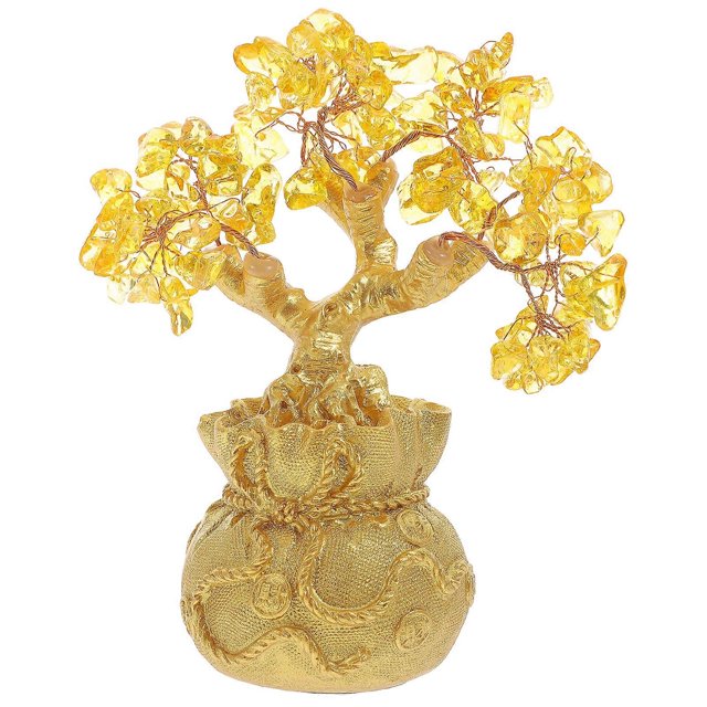 19cm Natural Crystal Tree Money Tree Ornaments Bonsai Style Wealth Luck Feng Shui Ornaments Home Decor (Yellow Without Gold Coin)