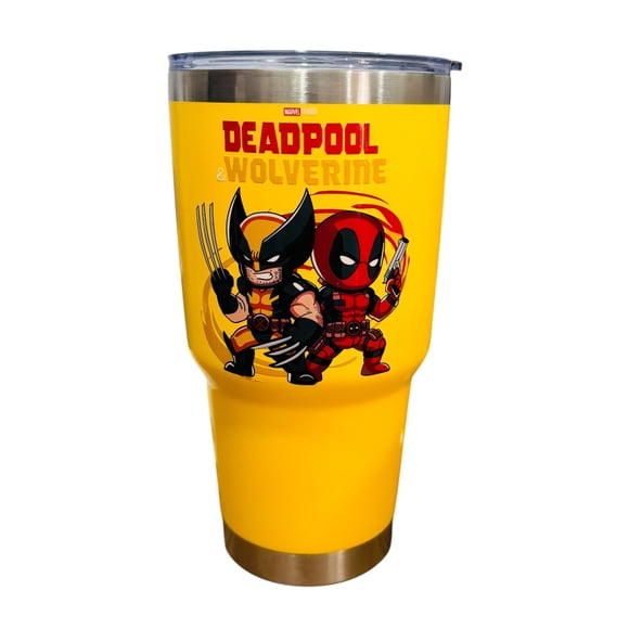 Termo de acero inoxidable Macarena Brand color amarillo, Deadpool & Wolwerine de 30 Oz