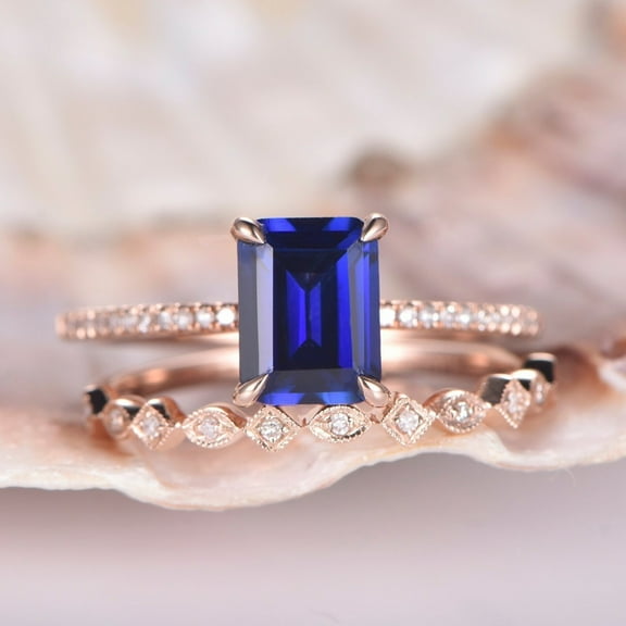 Lab created Sapphire Ring Set Blue Sapphire Engagement Ring 925 silver ring rose gold plated atching Band Rose Gold