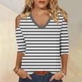thumbnail image 2 of ShomPort Striped T-Shirts for Women Summer 3/4 Sleeve Off Shoulder Tunic Tops Round Neck Casual Tees, 2 of 2