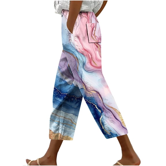 ZToonmas Women's Printed Straight Leg Capri Pants Loose Wide Leg Cropped Trousers with Pockets for Casual Summer Wear