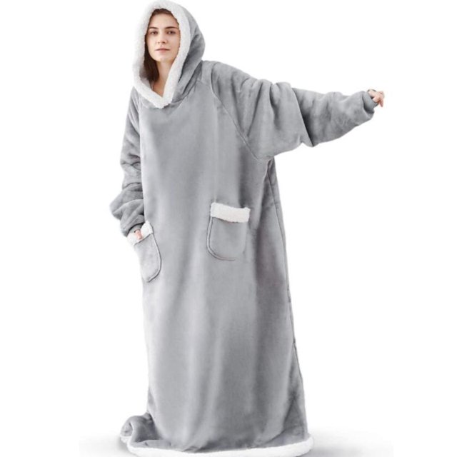 Manta de franela Sherpa larga para llevar puesta, cálida y de invierno, con mangas, sudadera con capucha, manta de televisión de gran tamaño, jersey