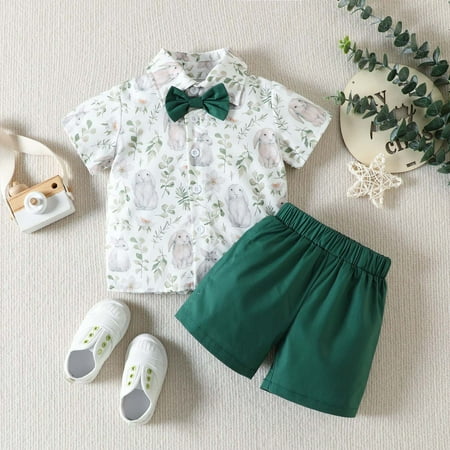 

CQCYD Boys Two-piece Outfit Easter Boys Handsome Short Sleeve Spring Round-neck Printing Shirts & Short Pants 2-piece Tracksuit Birthday Party Warehouse Clearance