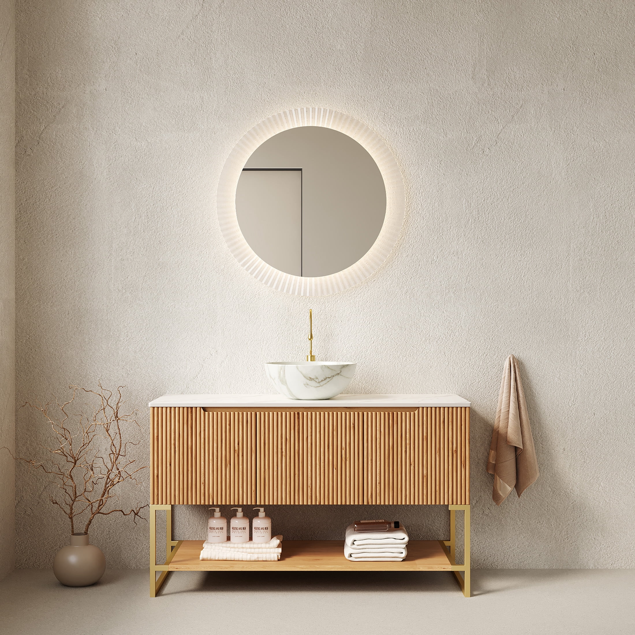 Noble House Tulio 48" Freestanding Bathroom Vanity with Sintered Stone Countertop, Stone Bowl Ceramic Basin, Oak