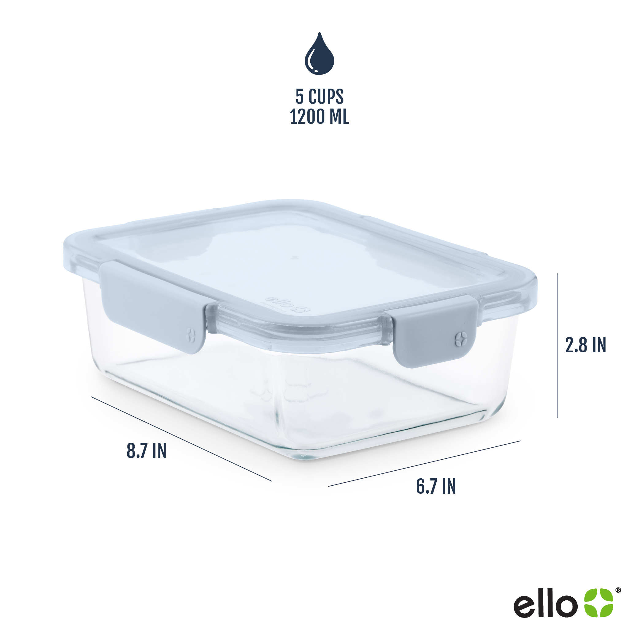 Ello Color Lock 5-Cup Glass Food Storage Container, Blue photo 7
