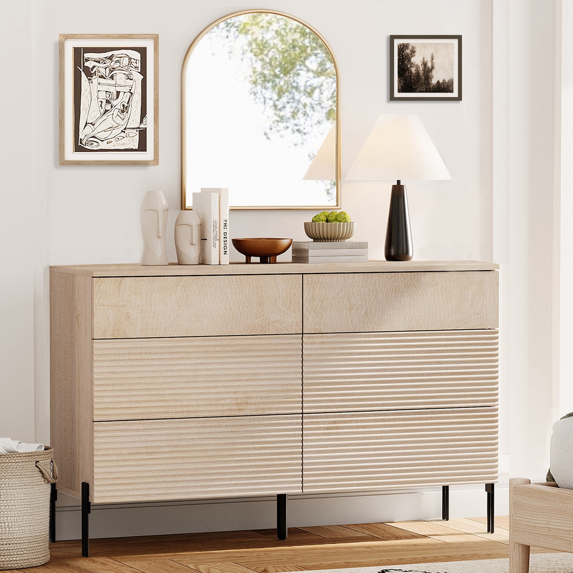 WAMPAT 47.2" Wood Accent Cabinet with Drawers, Modern Credenza Storage Cabinet with Minimalist Reeded Design for Living Room, Kitchen, Dining Room, Hallway