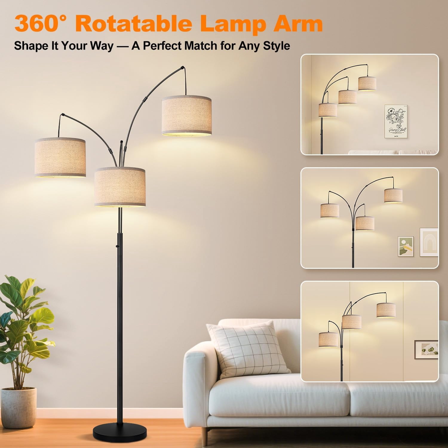 Dimmable Floor Lamp - 3 Lights Arc Lamps For Living Room  1000lm Modern Tall Standing With Beige Shades & Heavy Base Mid Century Tree Bedroom Office 3 Led Bulbs Included