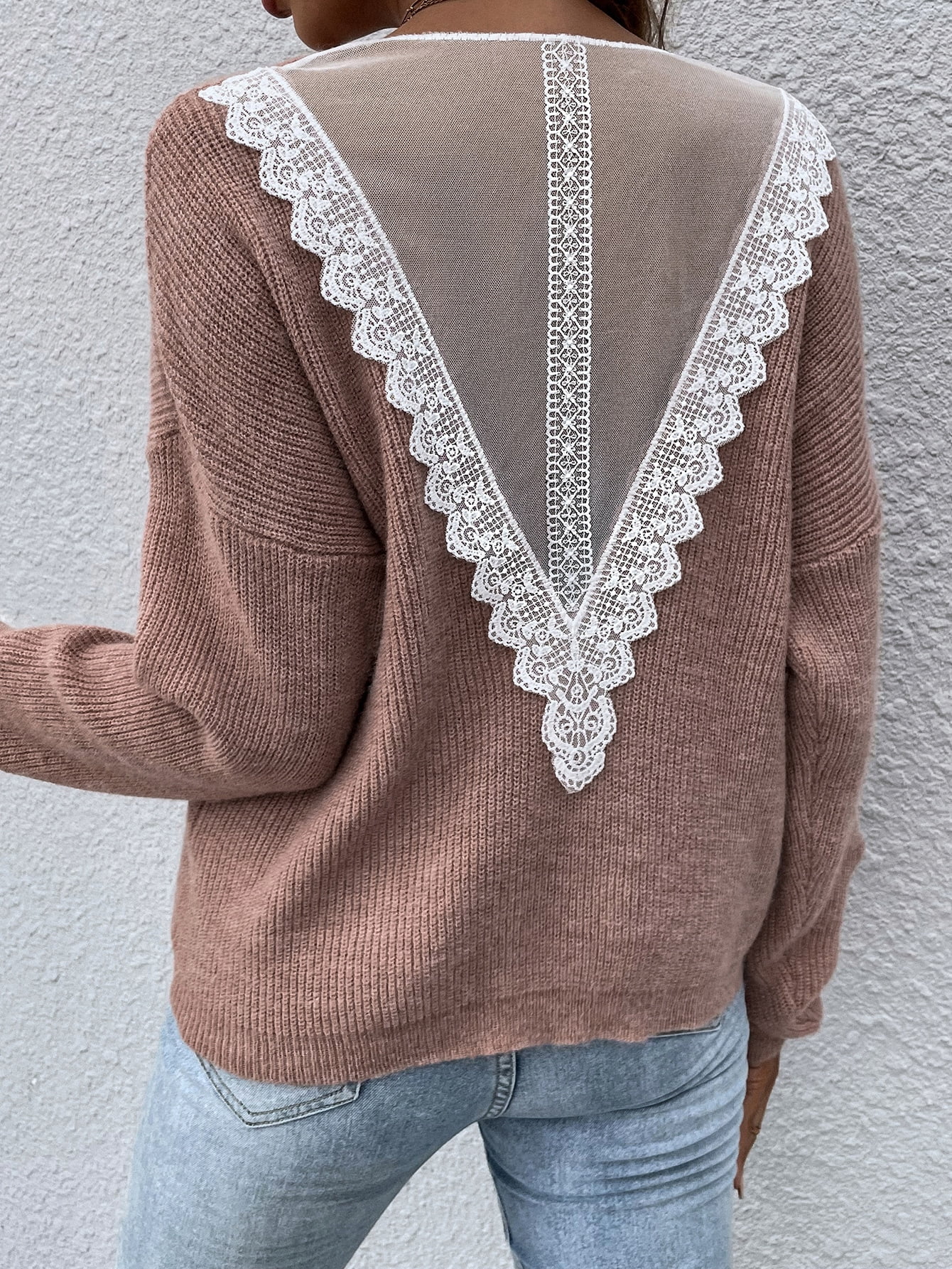 Dusty Pink Drop Shoulder Lace Panel Sheer Mesh Yoke Sweater - Walmart.com