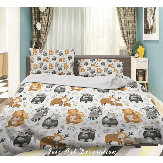 3D blanco de dibujos animados de animales zorro oso alce Tanuki Floral Funda de edredón Set Ropa de cama Set