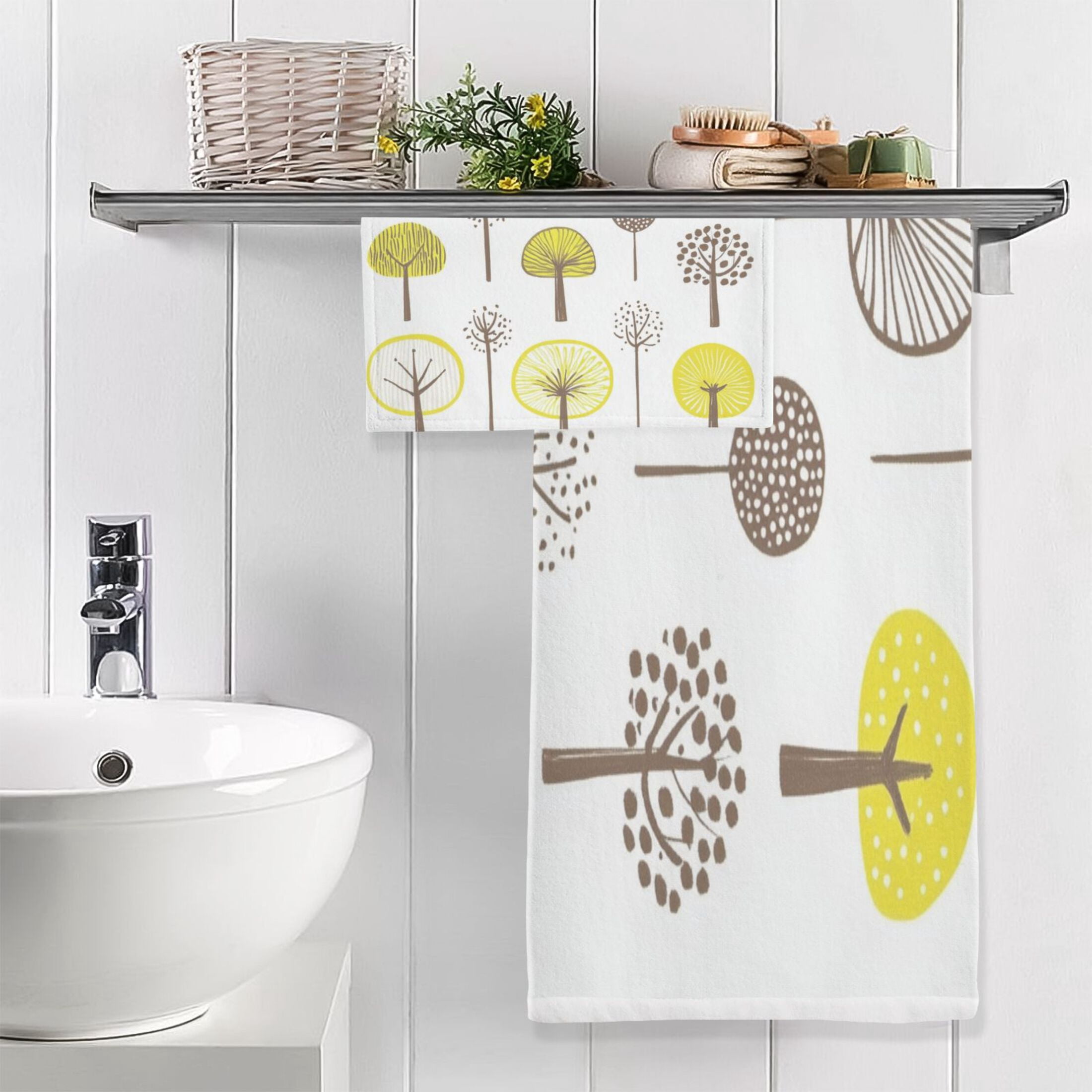 Teal Green Leaves on Beige 2 Piece Cotton Bath and Face Towel Set Soft and Absorbent, for Beach Pool Bathroom