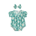 thumbnail image 2 of Musuos Newborn Girl Summer Outfit, 0-18Months Short Sleeve Crewneck Flower Print Bodysuit with Bowknot Headband 3PCS Clothes Set, 2 of 9