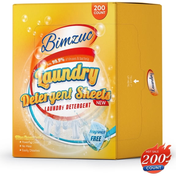 BIMZUC Power Laundry Detergent Sheets 200 ct,up to 400 Small Loads, Eco Ultra-Concentrated Unscented